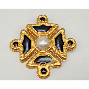 Anne Klein Maltese Cross Black Enamel And Pearl Brooch